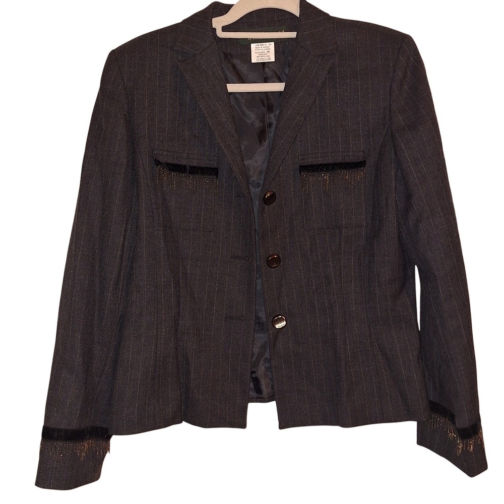 Harve‎ Benard Wool Pinstripe Blazer Grey Chain Fringe Velvet Trim Jacket Size 10